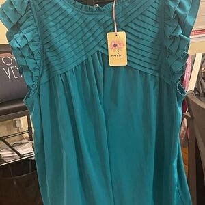 Gorgeous Entro Teal Pleated Ruffle Blouse Size XL NWT